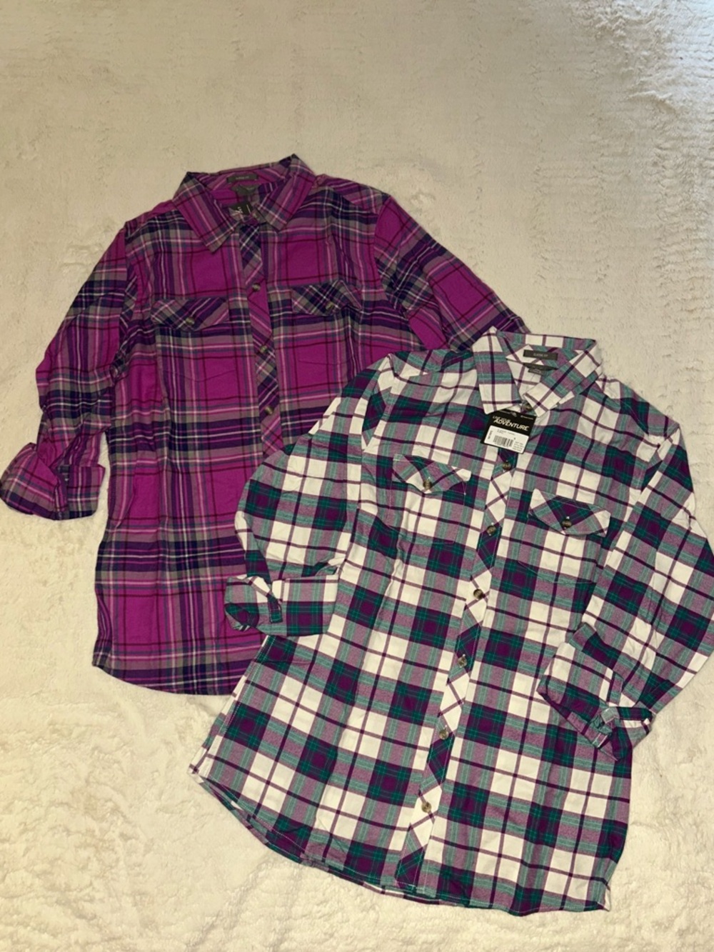 Eddie Bauer Plaid classic flannel Button down shirt lot 2 purple size small-New